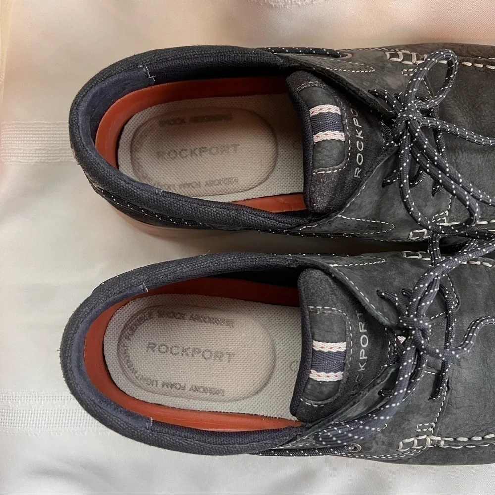 Men’s Rockport Boat Shoes Blue‎ Leather Canvas Suede truTECH sz 10 EUC